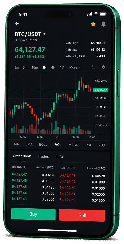 Interface mobile de trading Brintaxio Flarvix — cotations BTC/USDT en temps réel, carnet d’ordres et outils de suivi des opérations